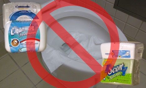 "Don't flush WIPES down the toilet!"